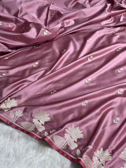 Blush Pink Floral Border Booti Mashru Silk Saree MS54