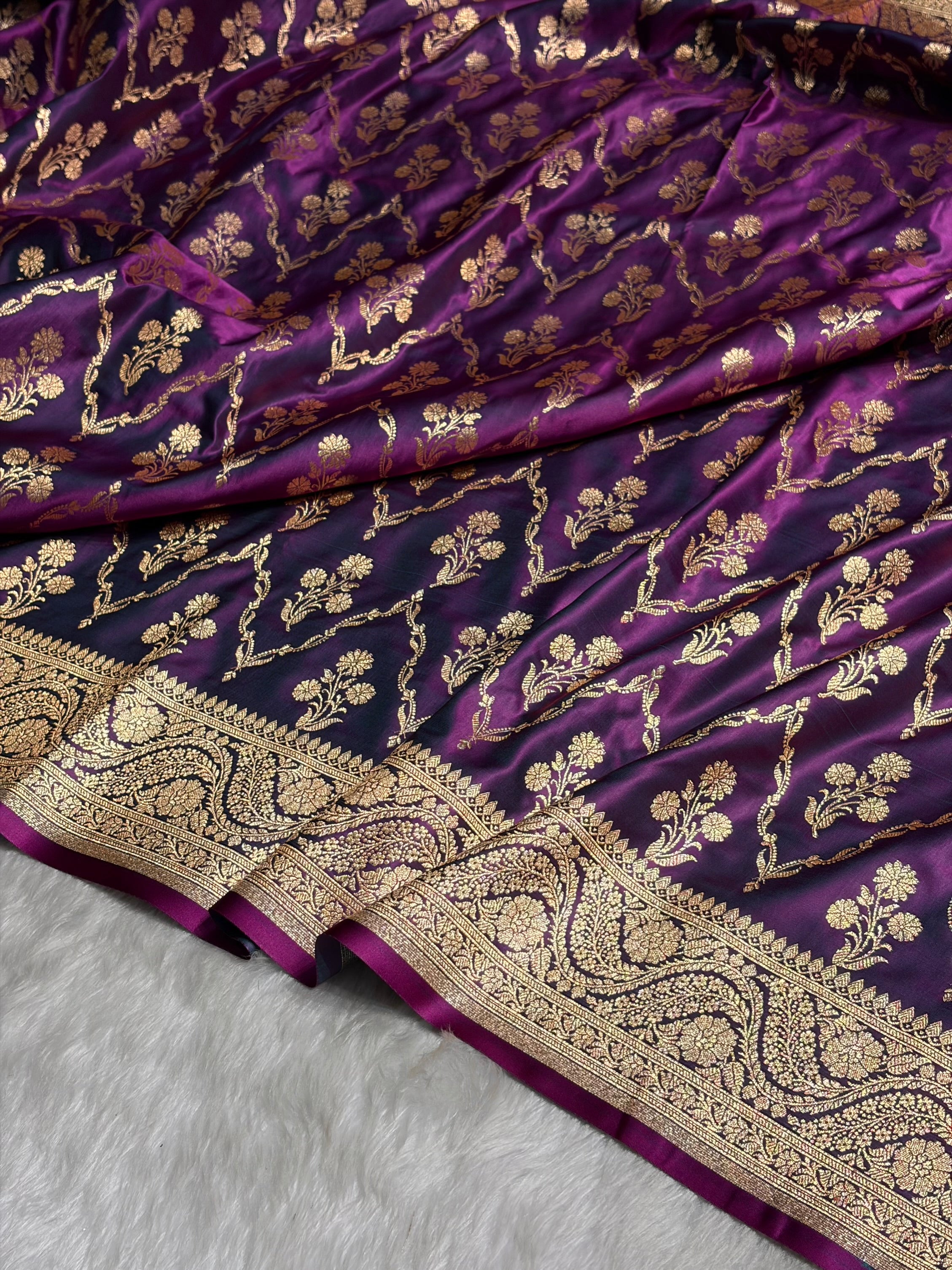 Wine Cross with Boota Pattern Satin Katan Silk Saree SK67