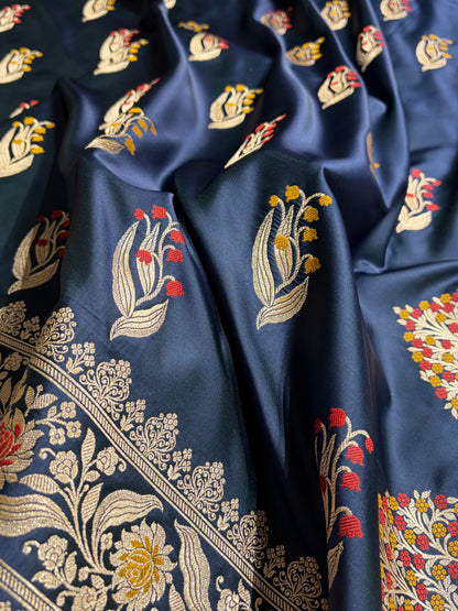 German Blue Shades Banarasi Boota Pattern Minakari Floral Mashru Silk Saree MSM-121