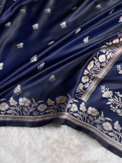 Navy Blue Boota With Floral Border Mashru Silk Saree MSM-85