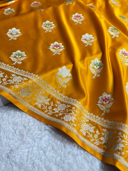 Premium Banarasi Satin Katan Saree With Minakari Boota in Mustard Shades SK112