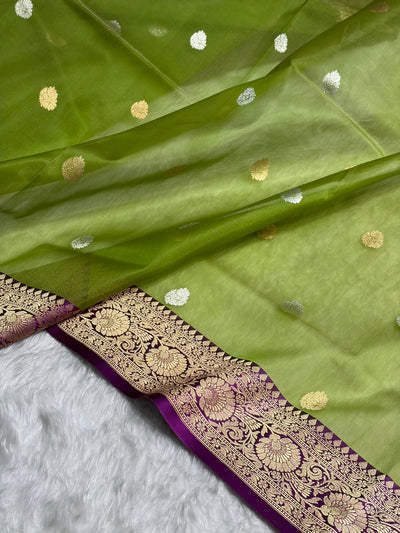 Contrast Pure Banarasi Organza Light Green With Wine Floral Banarasi SilkSaree PO-11