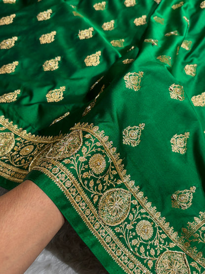 Banarasi Satin Katan Saree With Aari Zardozi Work Boota in Bottle Green Shades BSK98