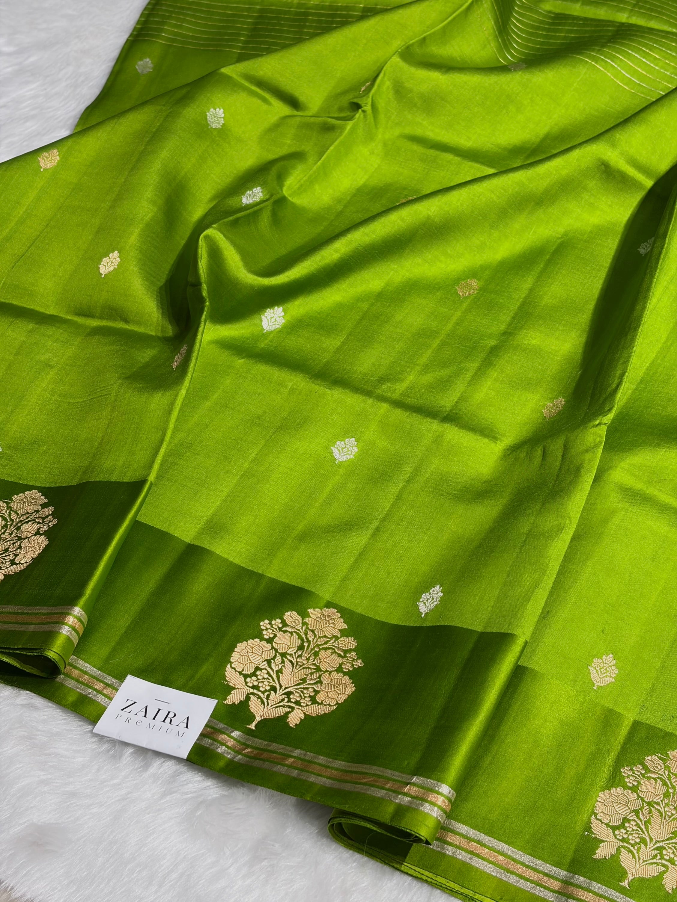 Parrot Green Shades Meena Boota Handwoven Pure Katan Raw Mango Silk RM-01