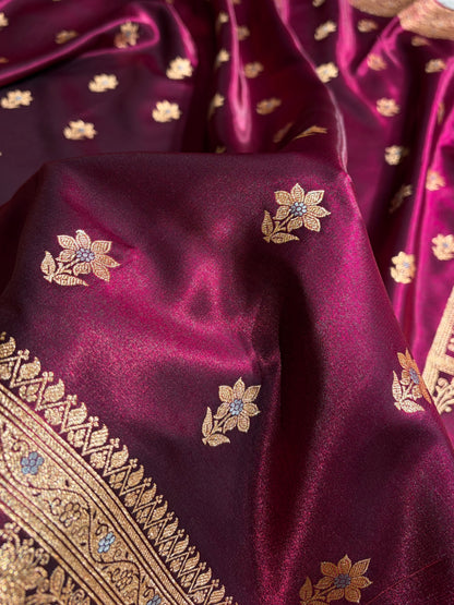 Wine Shades Minakari Boota Pattern Banarasi Satin Silk Saree SS44