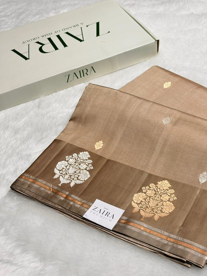 Beige Shades Meena Boota Handwoven Pure Katan Raw Mango Silk RM-01