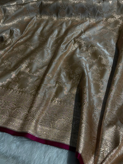 Beige Jaal Pattern Satin Katan Silk Saree SK25
