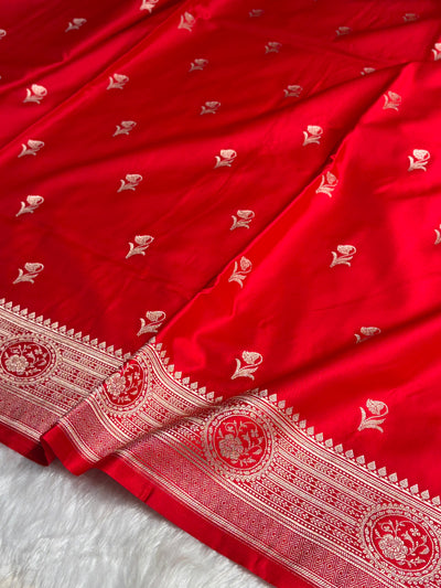 Red Boota With Floral Border Mashru Silk Saree MSM-96