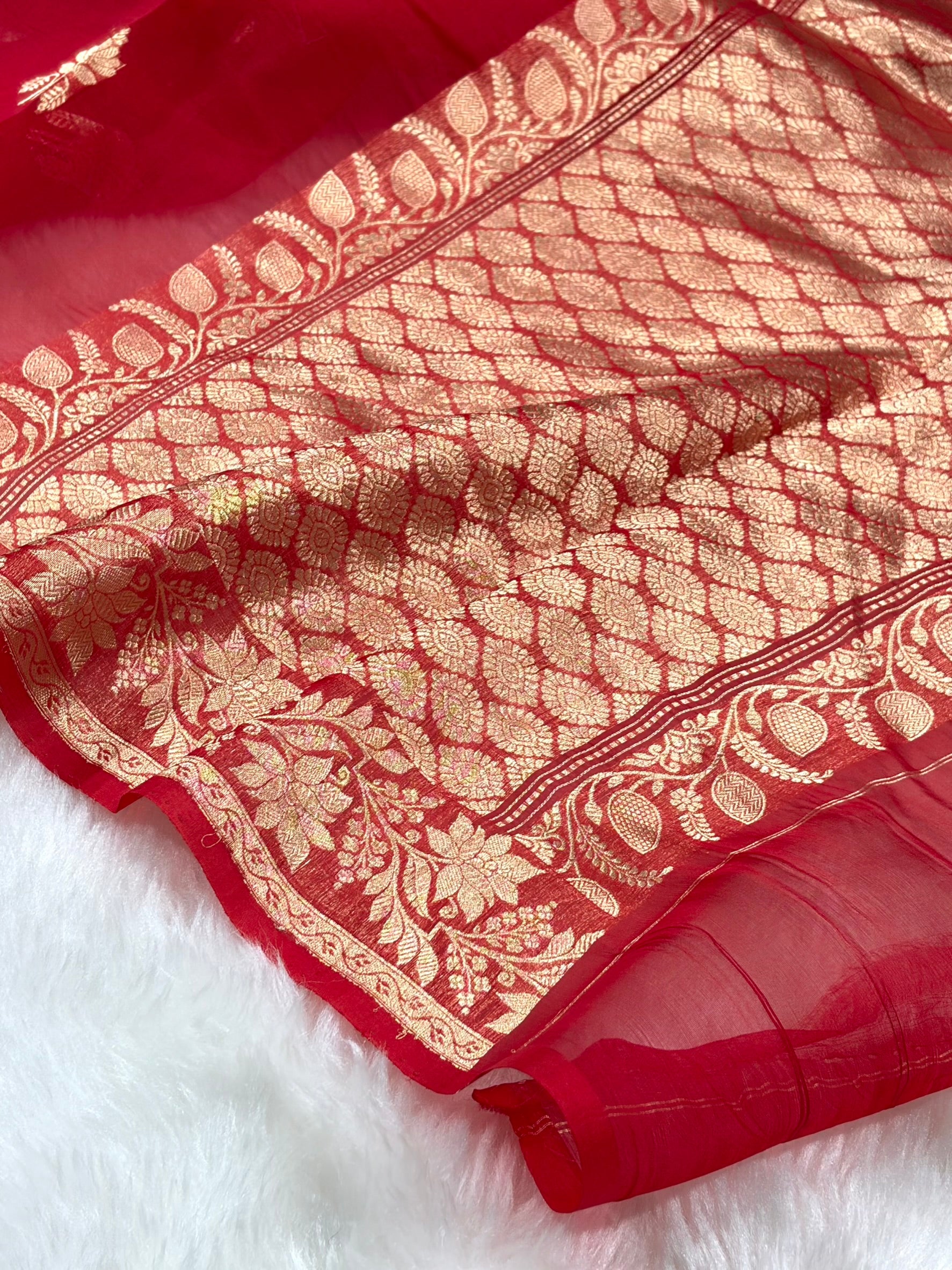 Pure Banarasi Organza Red Shades Floral Banarasi Silk Saree PO-25