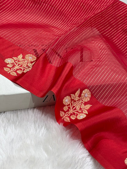 Pure Banarasi Organza Red Shades With Satin Minakari Border Floral Banarasi Silk Saree PO-22