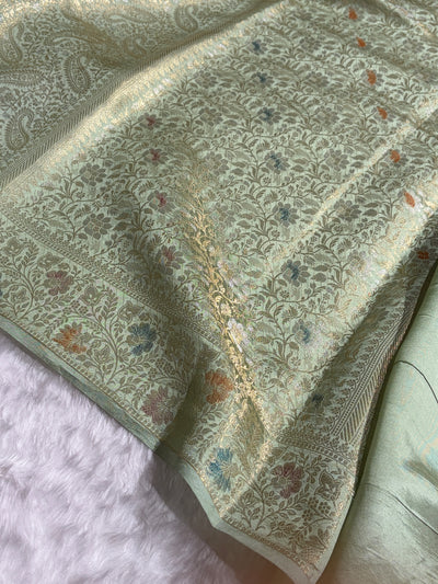Banarasi Sage Green Shade Flower Minakari Brocade Pure Caramel Mango Silk Saree CS-20