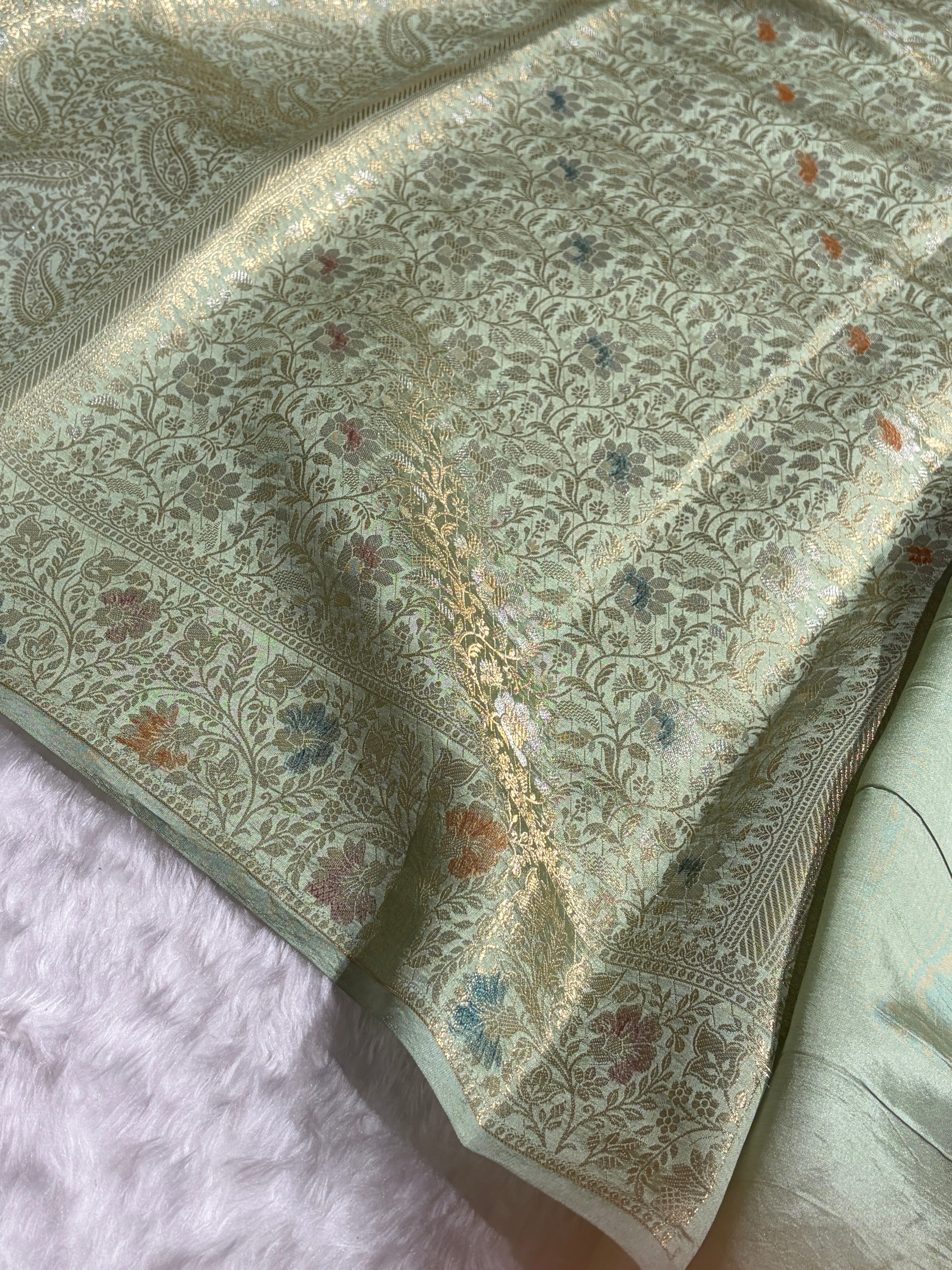 Banarasi Sage Green Shade Flower Minakari Brocade Pure Caramel Mango Silk Saree CS-20