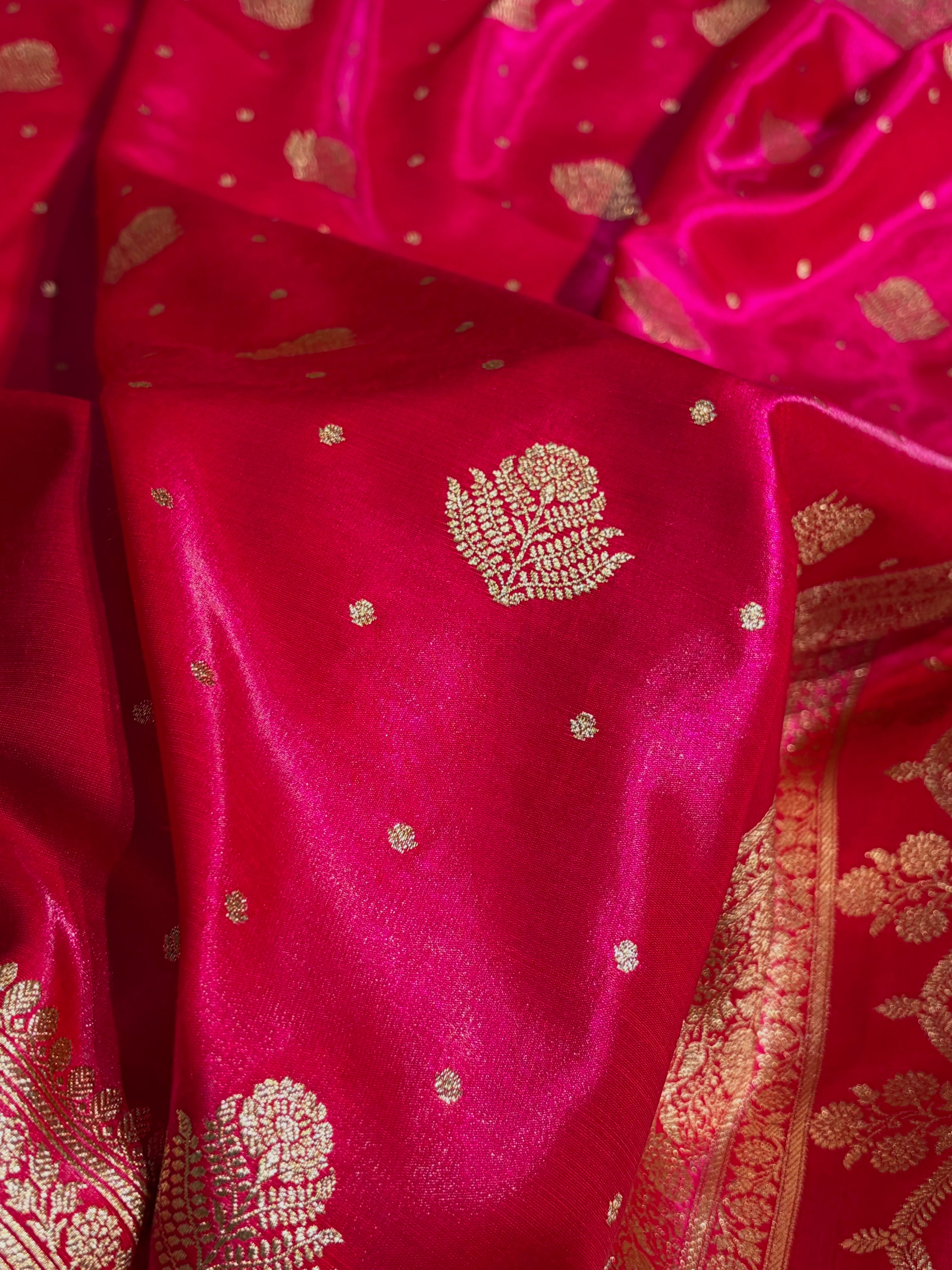 Banarasi Cross Rani Shades Booti Pattern Banarasi Satin Silk Saree SS59