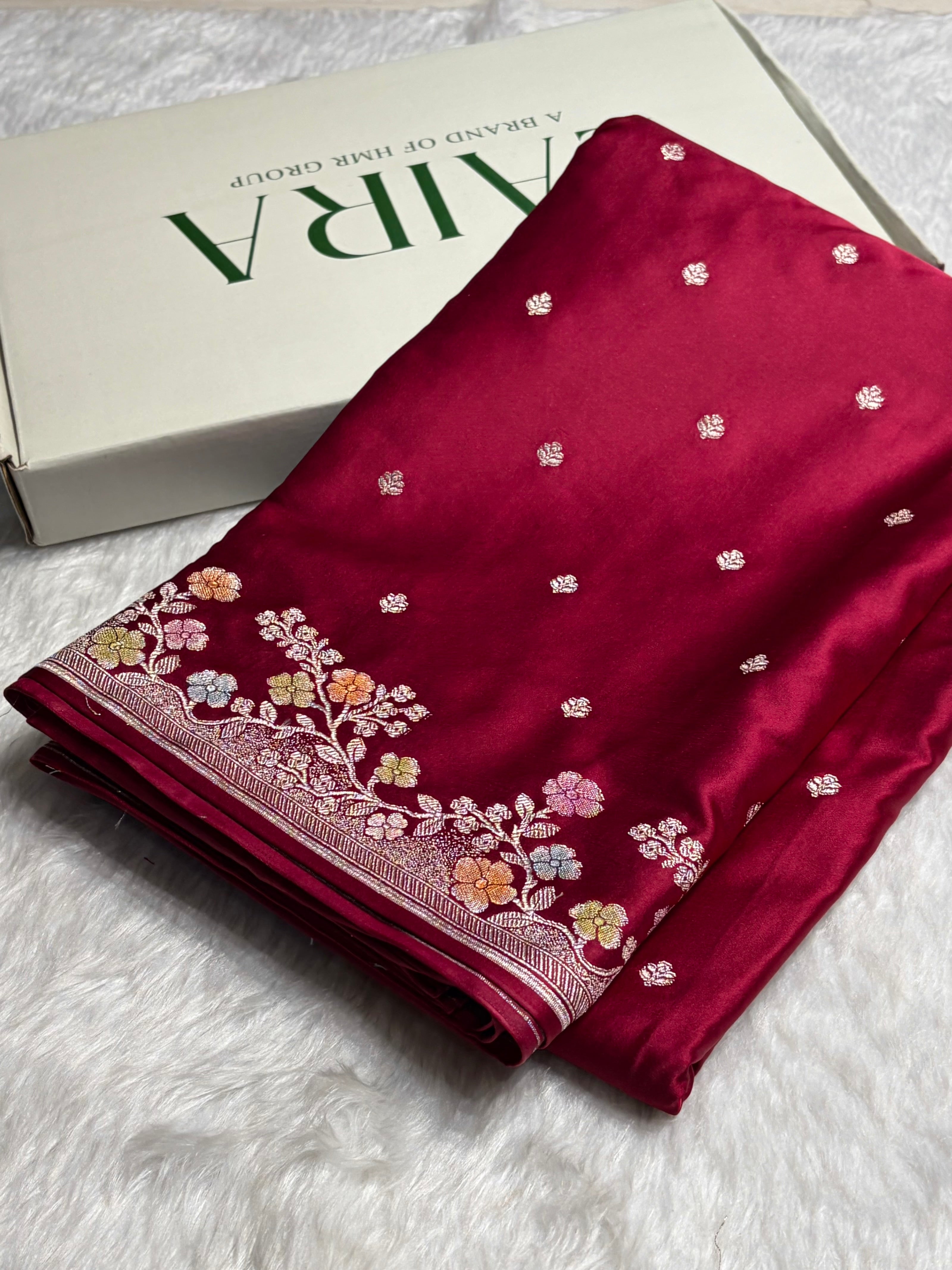 Maroon Shades Minakari Floral Border Booti Mashru Silk Saree MS75