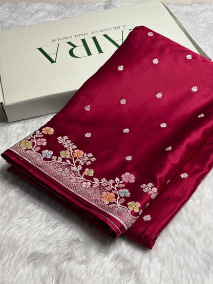 Maroon Shades Minakari Floral Border Booti Mashru Silk Saree MS75