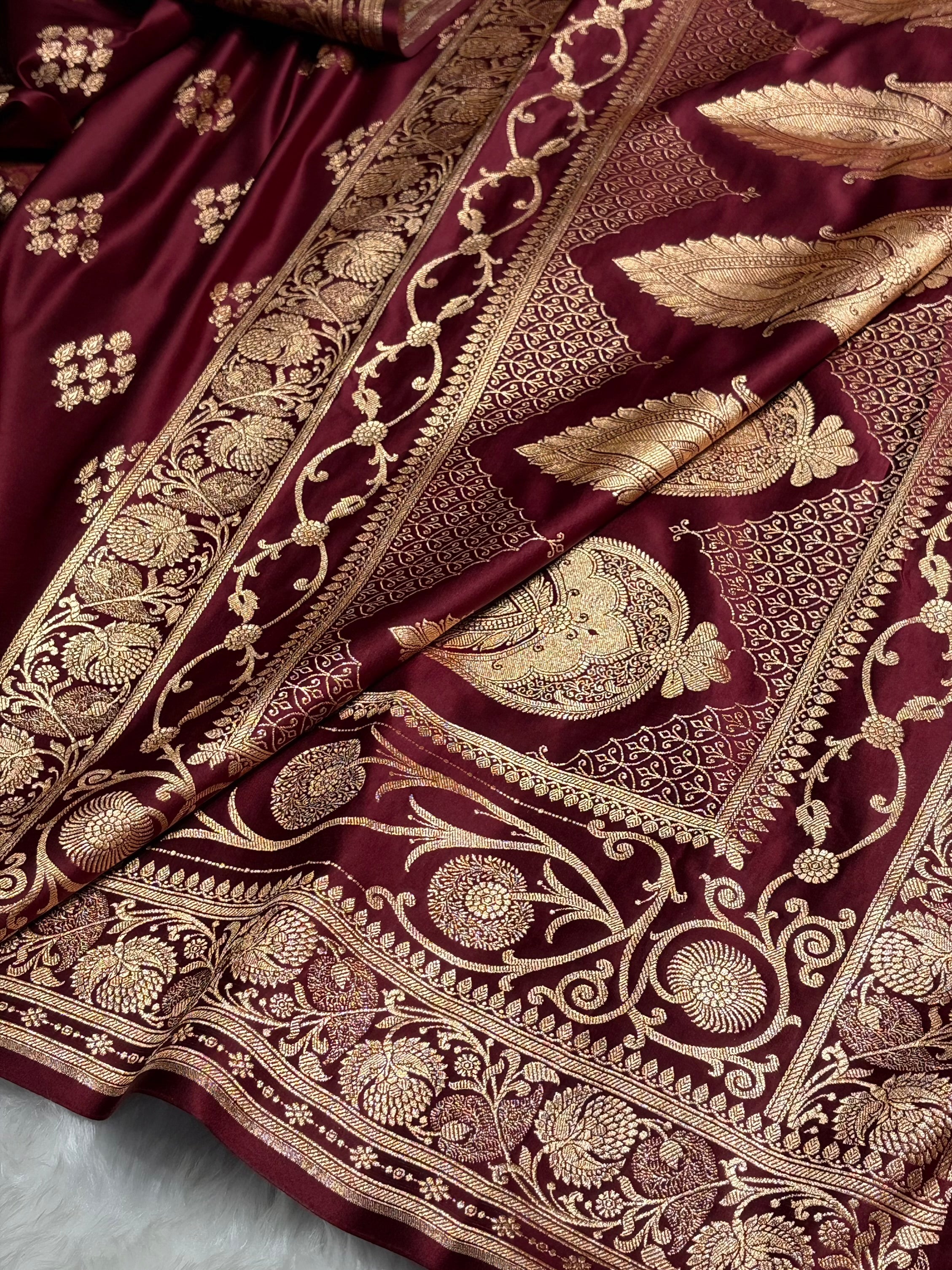 Garnet Floral Boota Satin Katan Silk saree SK34