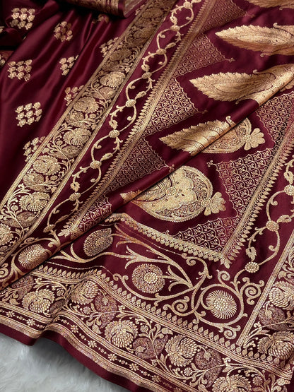 Garnet Floral Boota Satin Katan Silk saree SK34