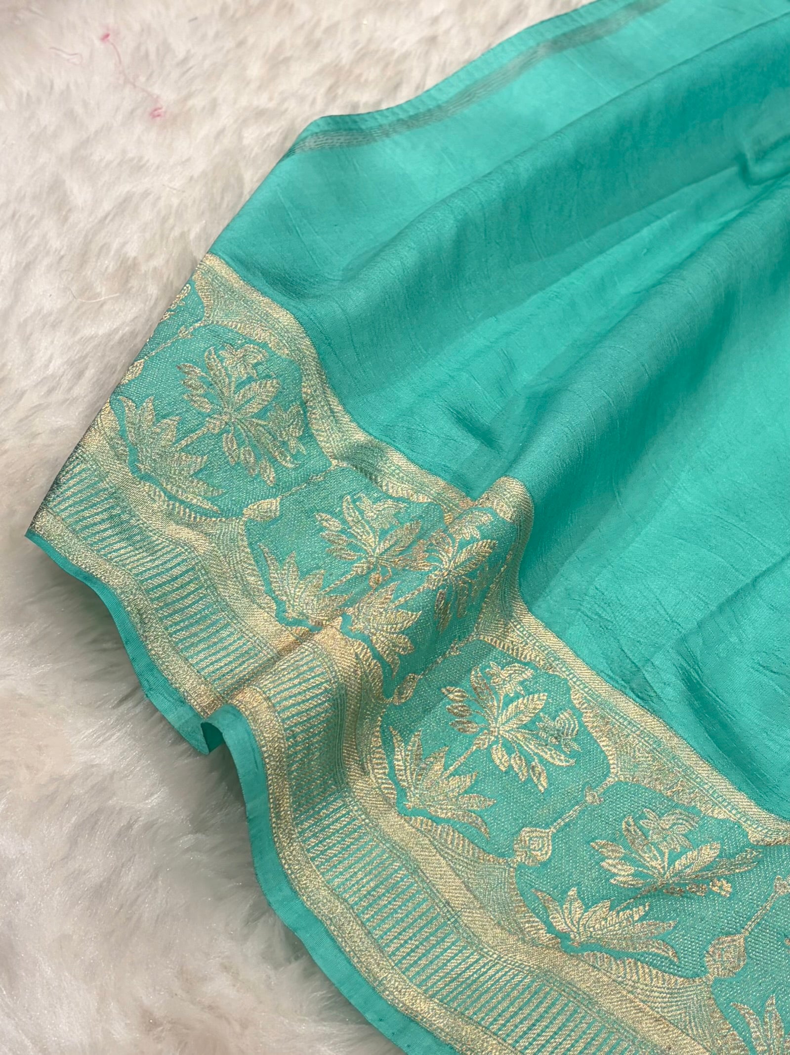 Banarasi German Blue With Sea Green Contrast Shades Handwoven Pure Paper Silk Saree RM-89