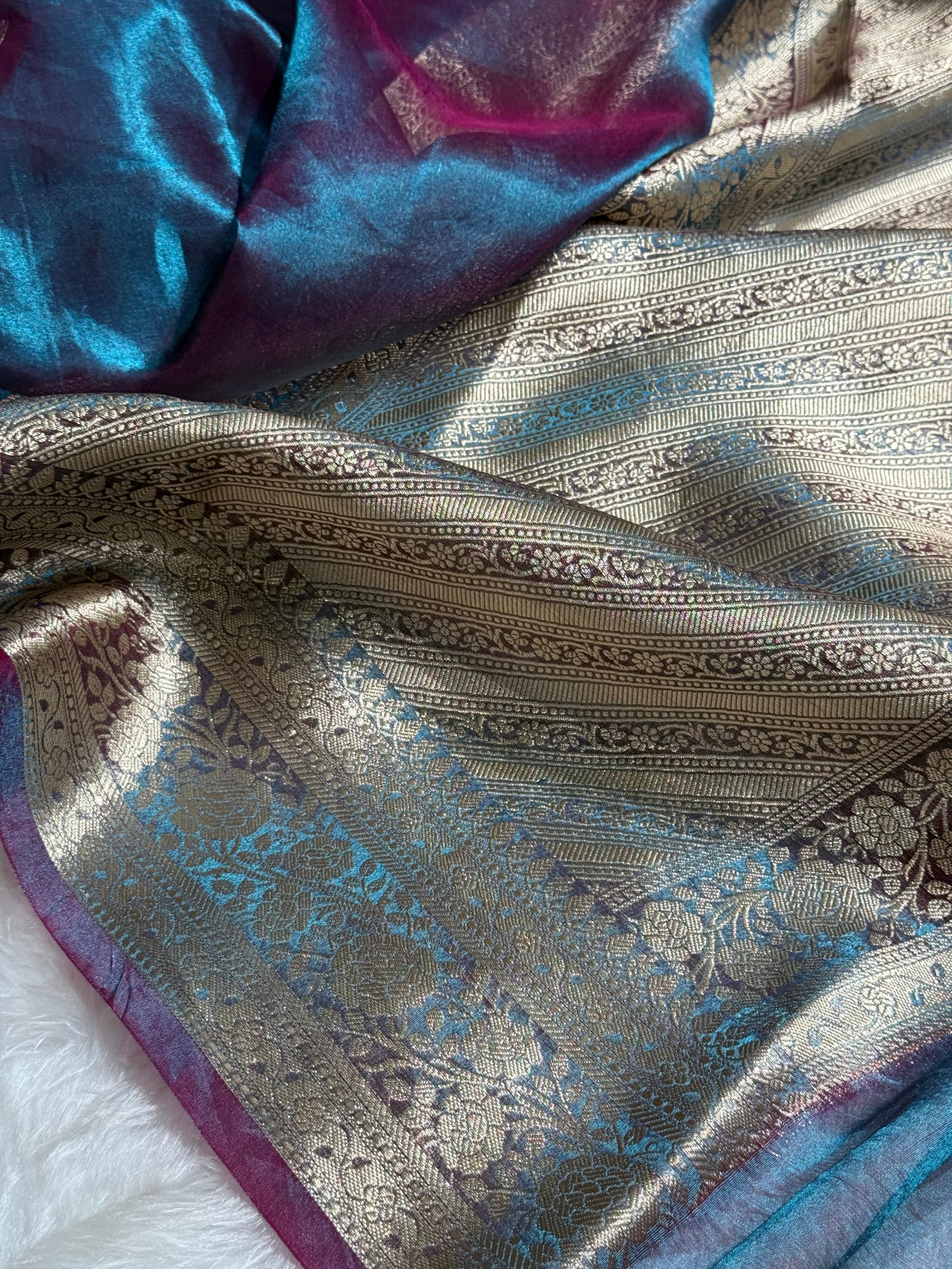 Purple Magenta Blue Shades Pure Tissue Silk Saree with Brocade Blouse PT-08