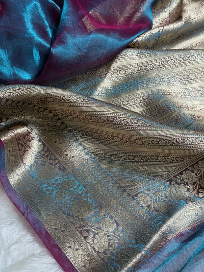 Purple Magenta Blue Shades Pure Tissue Silk Saree with Brocade Blouse PT-08
