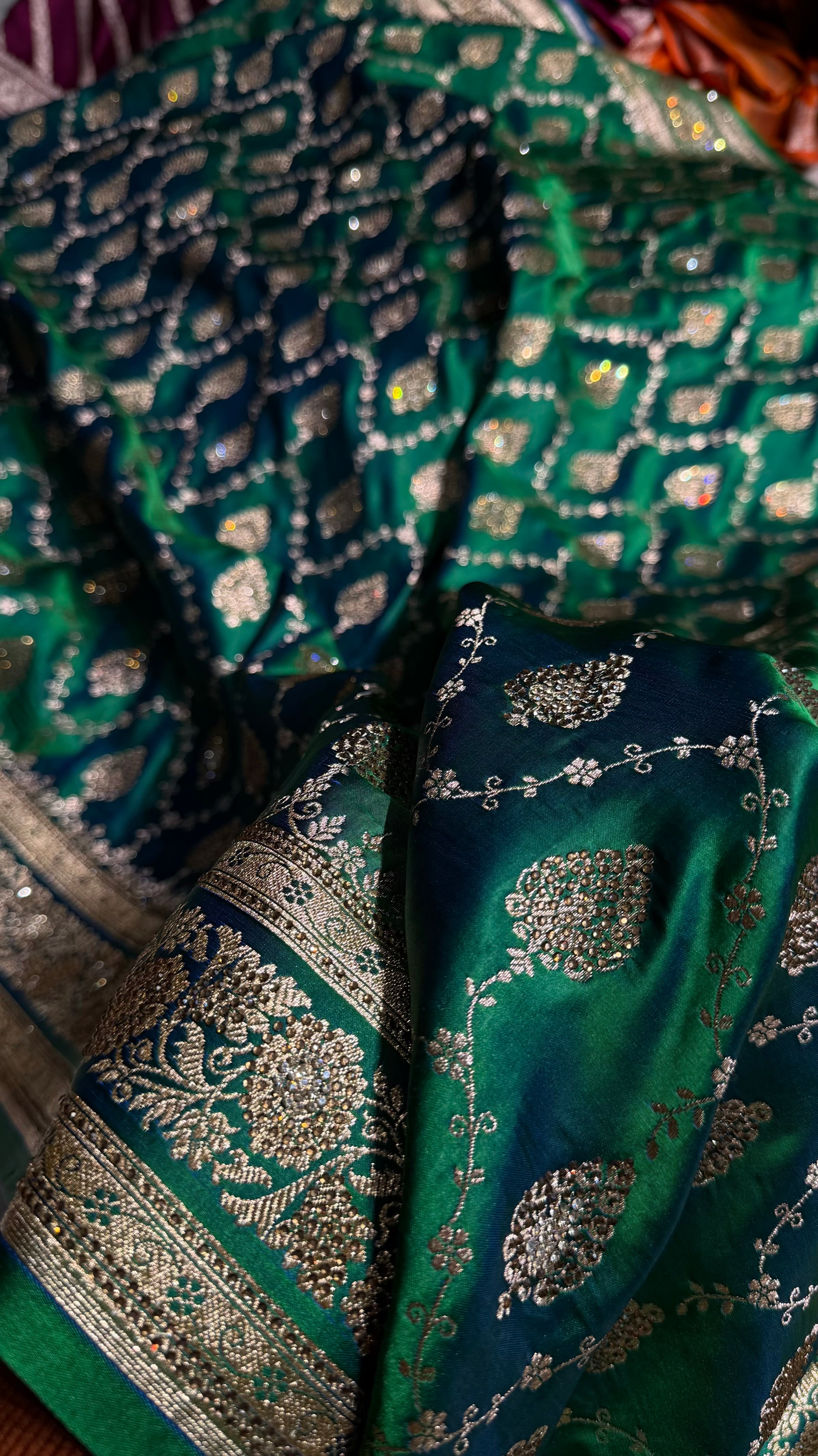 Cross Green Floral Jaal Pattern Satin Katan Silk saree BSK42