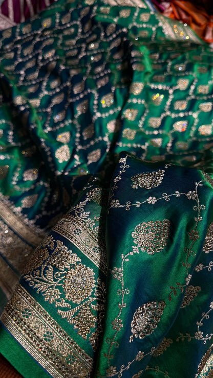 Cross Green Floral Jaal Pattern Satin Katan Silk saree BSK42