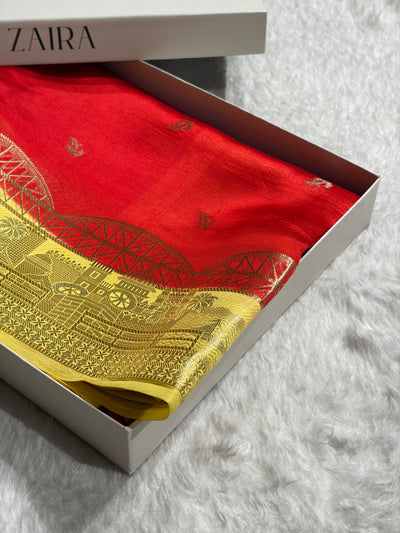 Banarasi Red With Lemon Contrast Shade Flower Boota Pure Caramel Mango Silk Saree CS-18