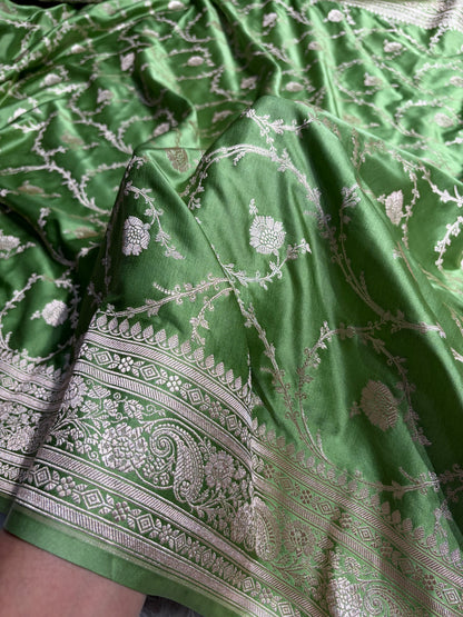 Banarasi Pista Green Shades Jaal Mashru Silk Saree