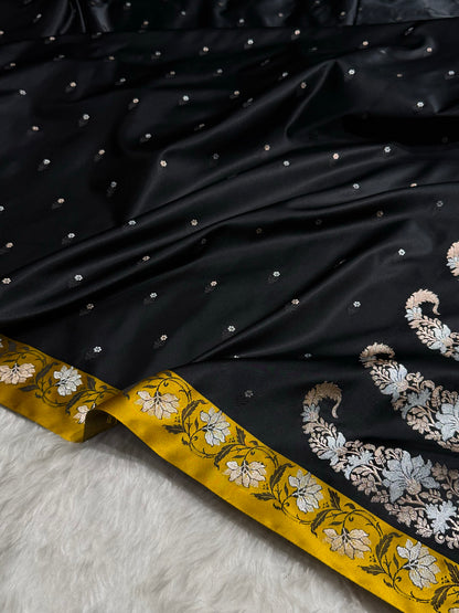 Contrast Black With Mustard Floral Boota With Floral Border Mashru Silk Saree MSM-78