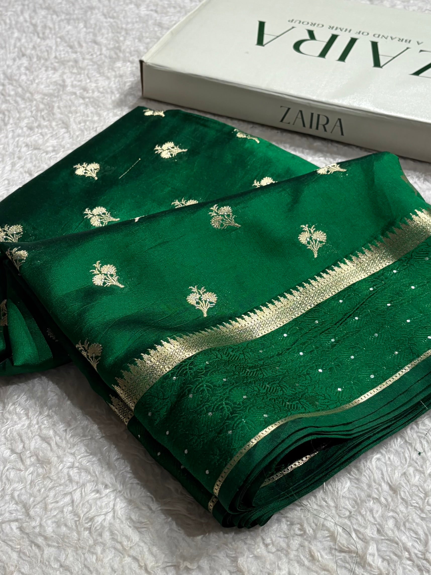 Bottle Green Shade Flower Boota Pure Caramel Mango Silk Saree CS-15