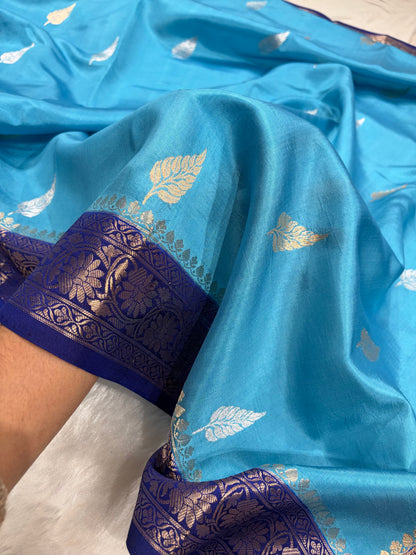 Banarasi Sky Blue With Navy Blue Contrast Shades Boota Handwoven Pure Paper Silk RM-77