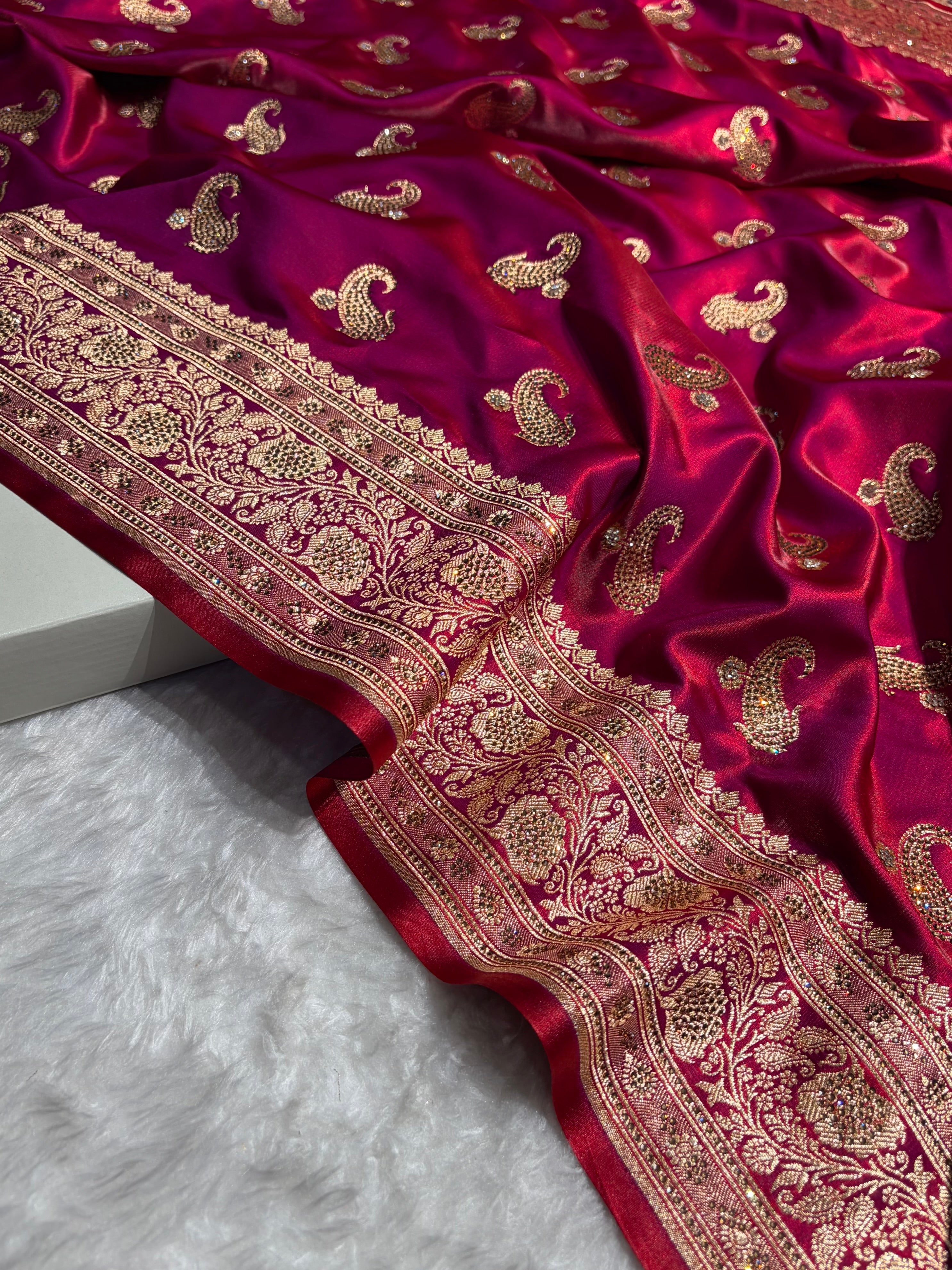 Satin Silk Saree Tredition Banarasi Swarovski Work Floral Boota in Reddish Purple Shades BSS27