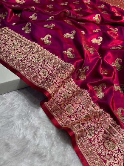 Satin Silk Saree Tredition Banarasi Swarovski Work Floral Boota in Reddish Purple Shades BSS27