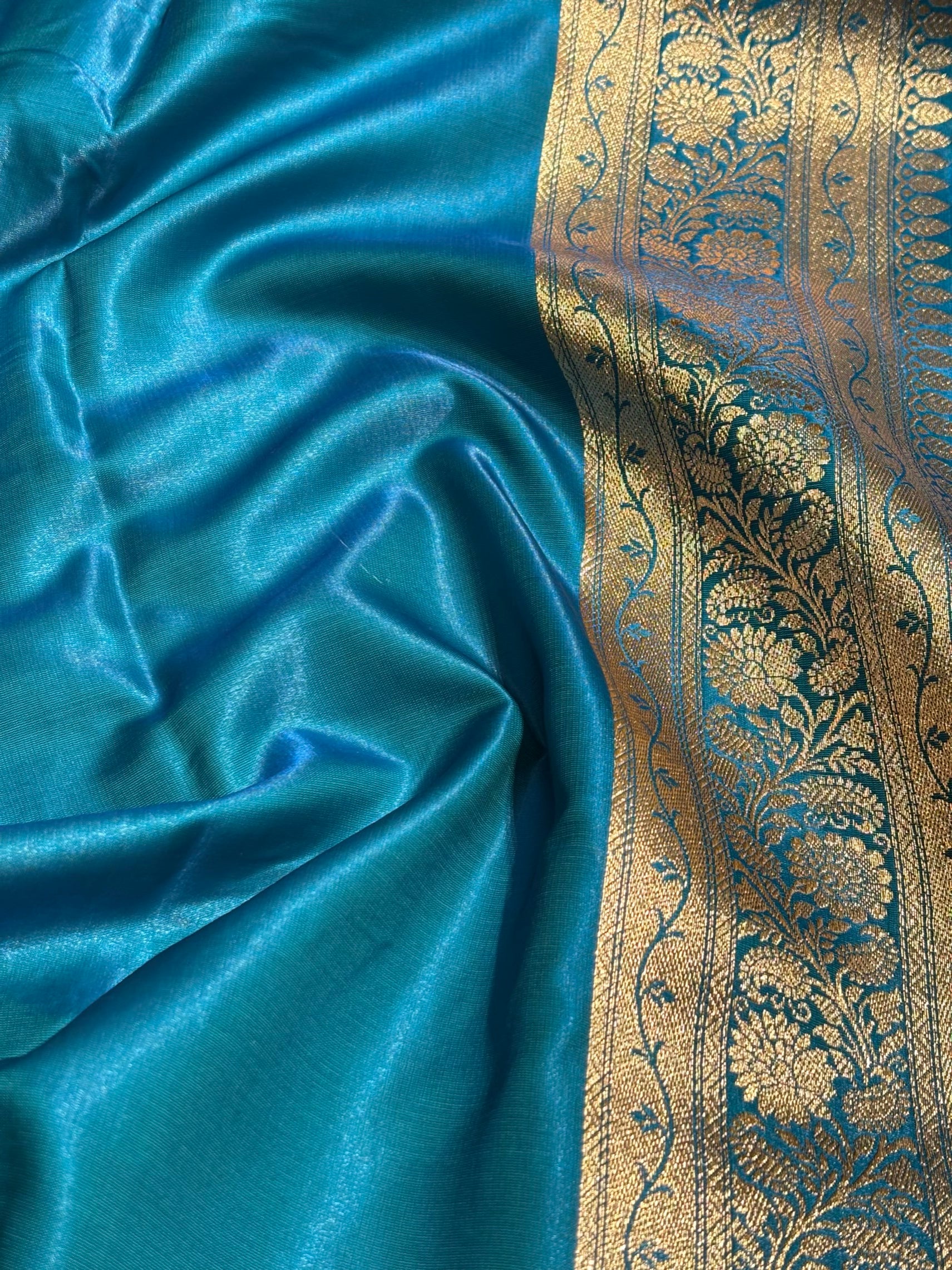 Firozi Shades Banarasi  Cross Jaal Satin Silk Saree SS11