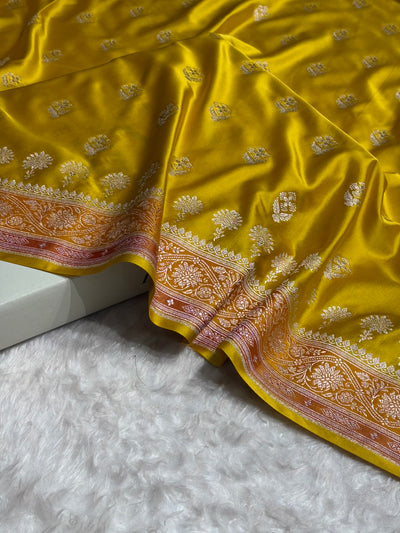 Mustard Shades Banarasi Minakari Floral Border Boota Mashru Silk Saree MCS66