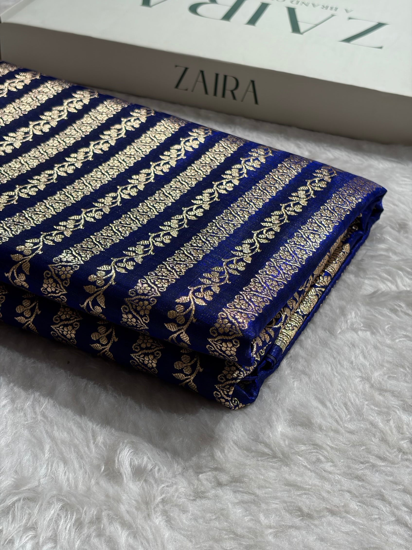 Royal Blue Shades Stripe Pattern Banarasi Satin Silk Saree SS46