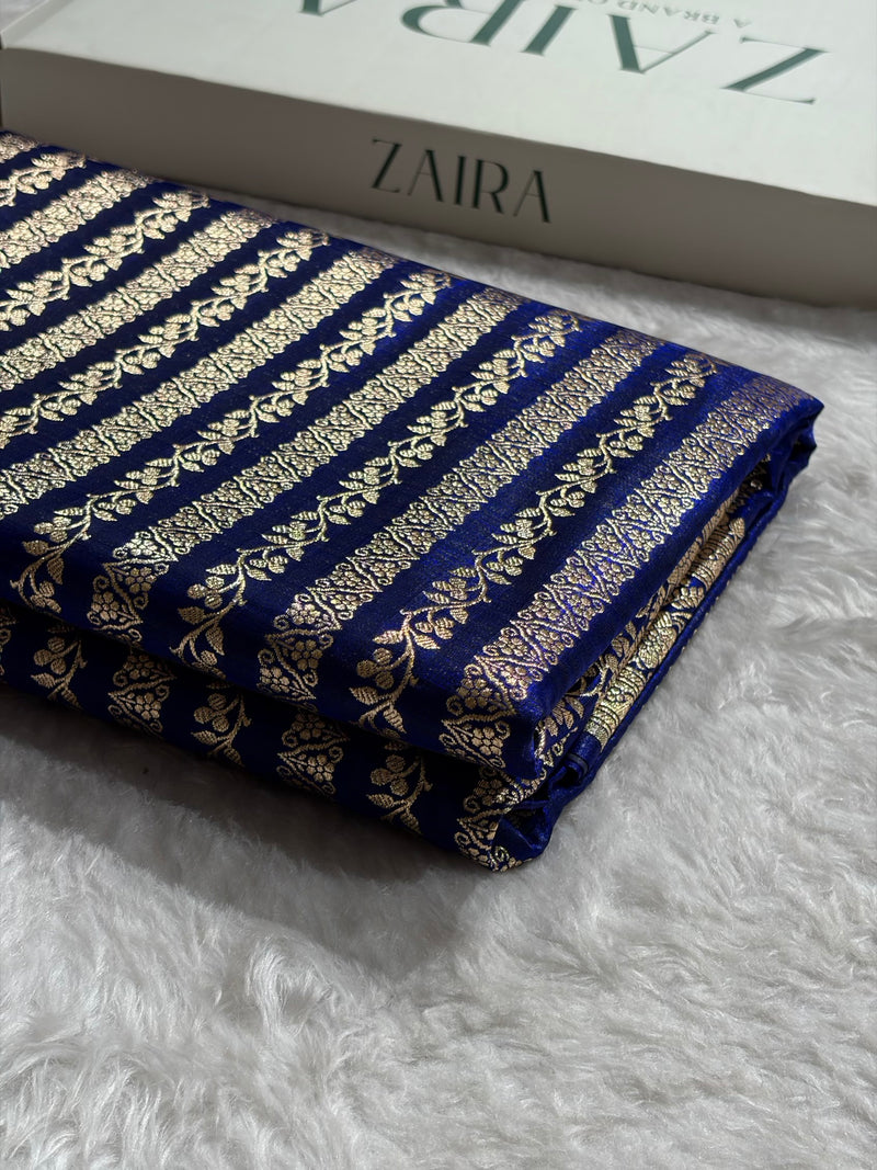 Royal Blue Shades Stripe Pattern Banarasi Satin Silk Saree SS46