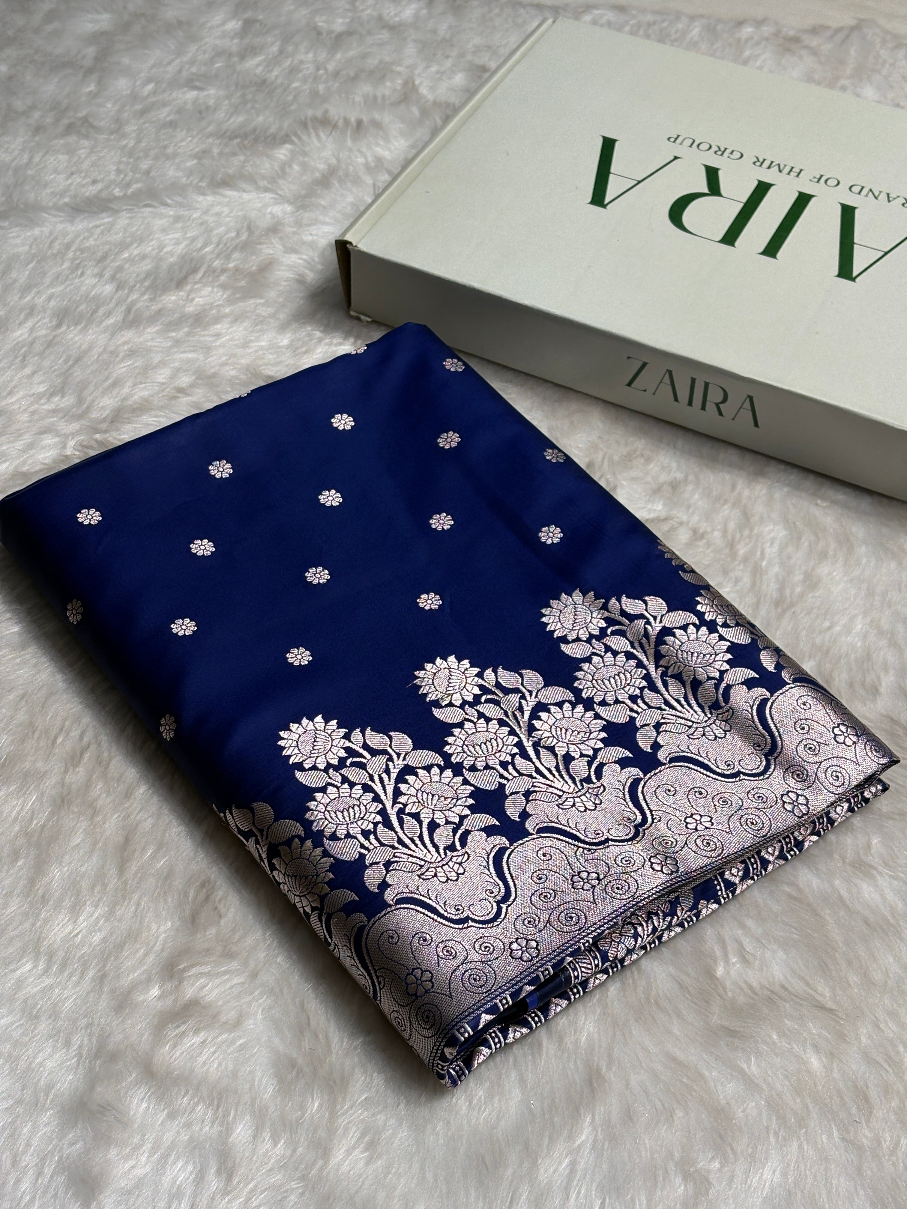 Navy Blue Floral Boota With Floral Border Mashru Silk Saree MSM 79