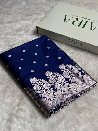 Navy Blue Floral Boota With Floral Border Mashru Silk Saree MSM 79