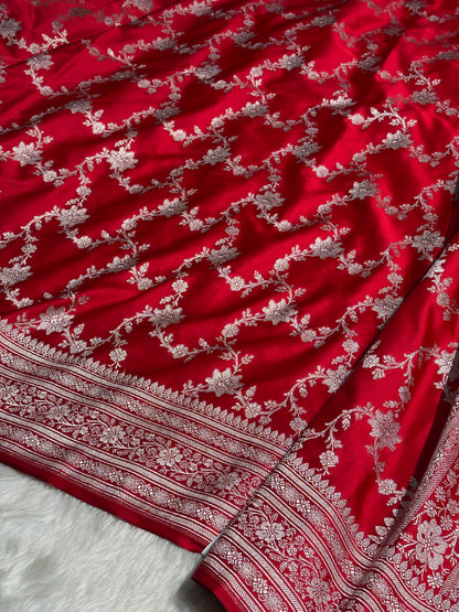 Ruby Red Floral Jaal Mashru Silk Saree MS07