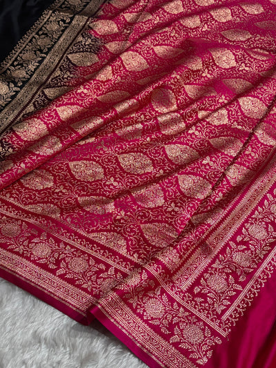 Banarasi Satin Katan Saree Floral Booti Pattern in Contrast Black / Rani Shades SK149