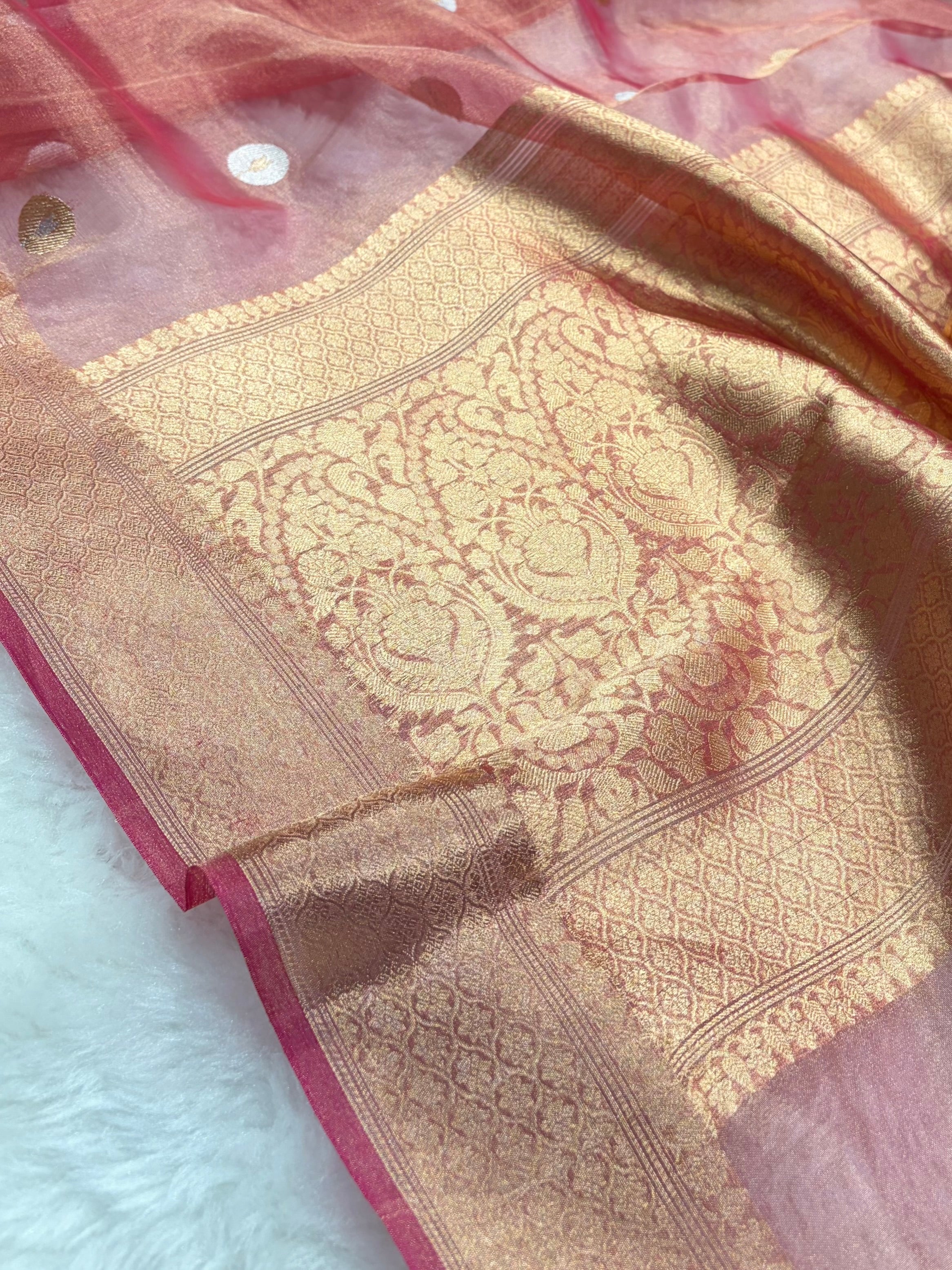 Peach Bananasi Floral Shades Pure Tissue Silk Saree PT-40
