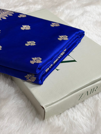 Banarasi Royal Blue Shades Floral Boota Satin Katan Silk saree SK32