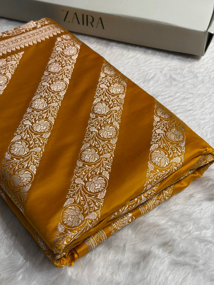 Mustard Shades Banarasi Cross Pattern Floral Mashru Silk Saree MSM-102