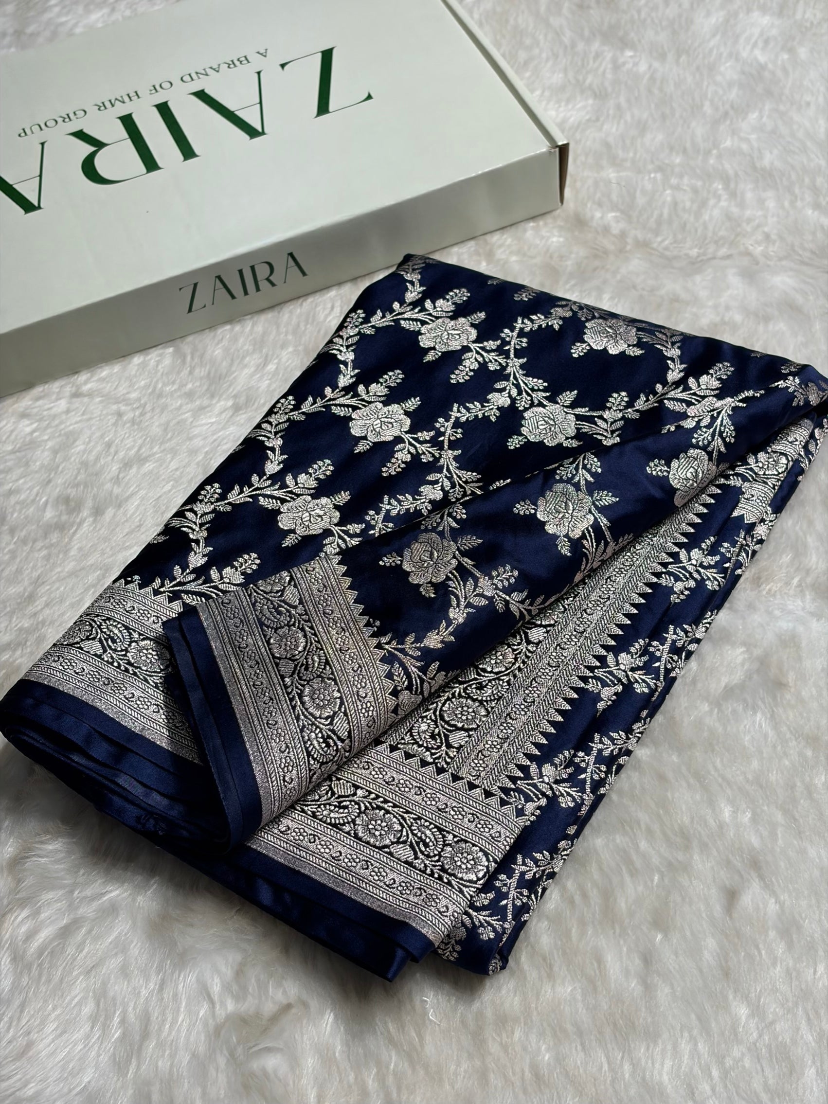 Navy Blue Floral Jaal Mashru Silk Saree  MS28