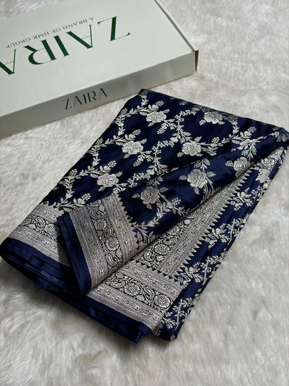 Navy Blue Floral Jaal Mashru Silk Saree  MS28