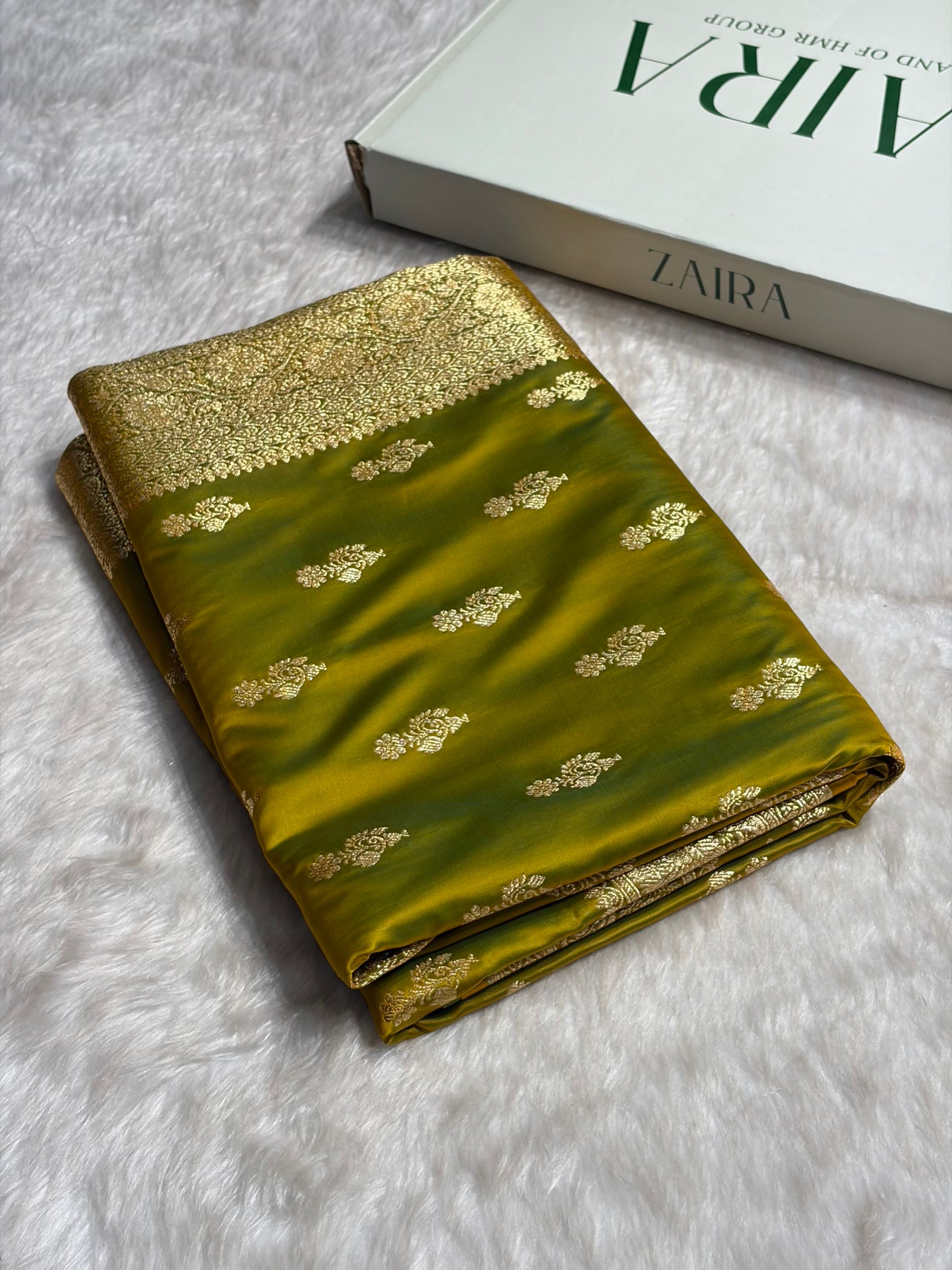 Liril Green Unique Boota Pattern Satin Katan Silk Saree SK68