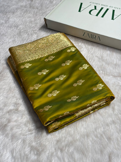 Liril Green Unique Boota Pattern Satin Katan Silk Saree SK68
