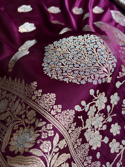 Wine Shades Banarasi Boota Pattern Minakari Floral Mashru Silk Saree MSM-122