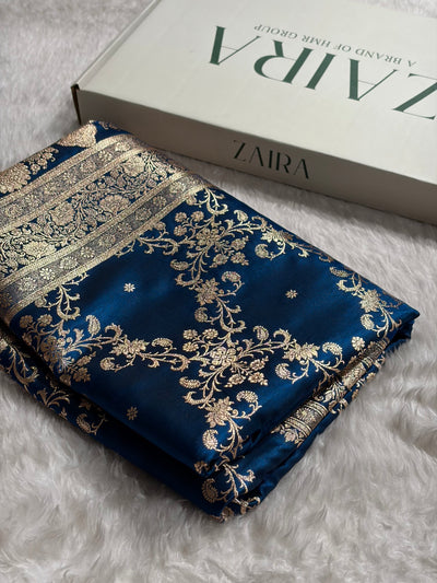 German Blue Shades Jaal Pattern Banarasi Satin Silk Saree SS48